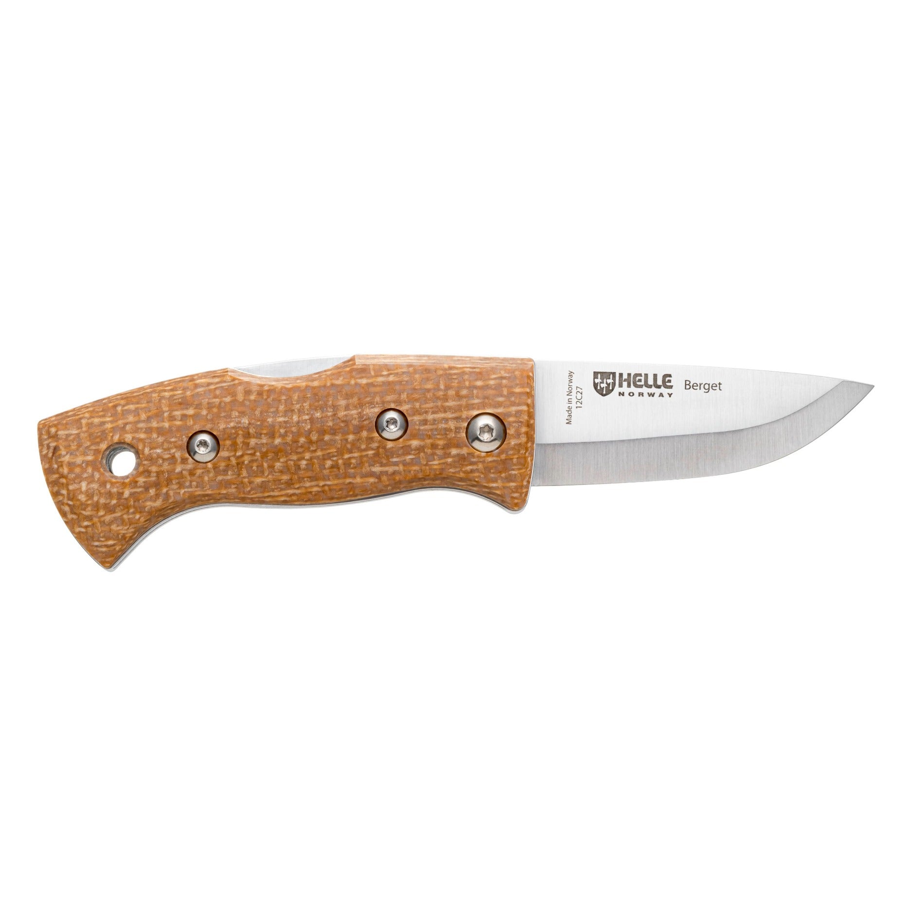 Helle Mustard Jute Micarta folding knife with a beige handle opened