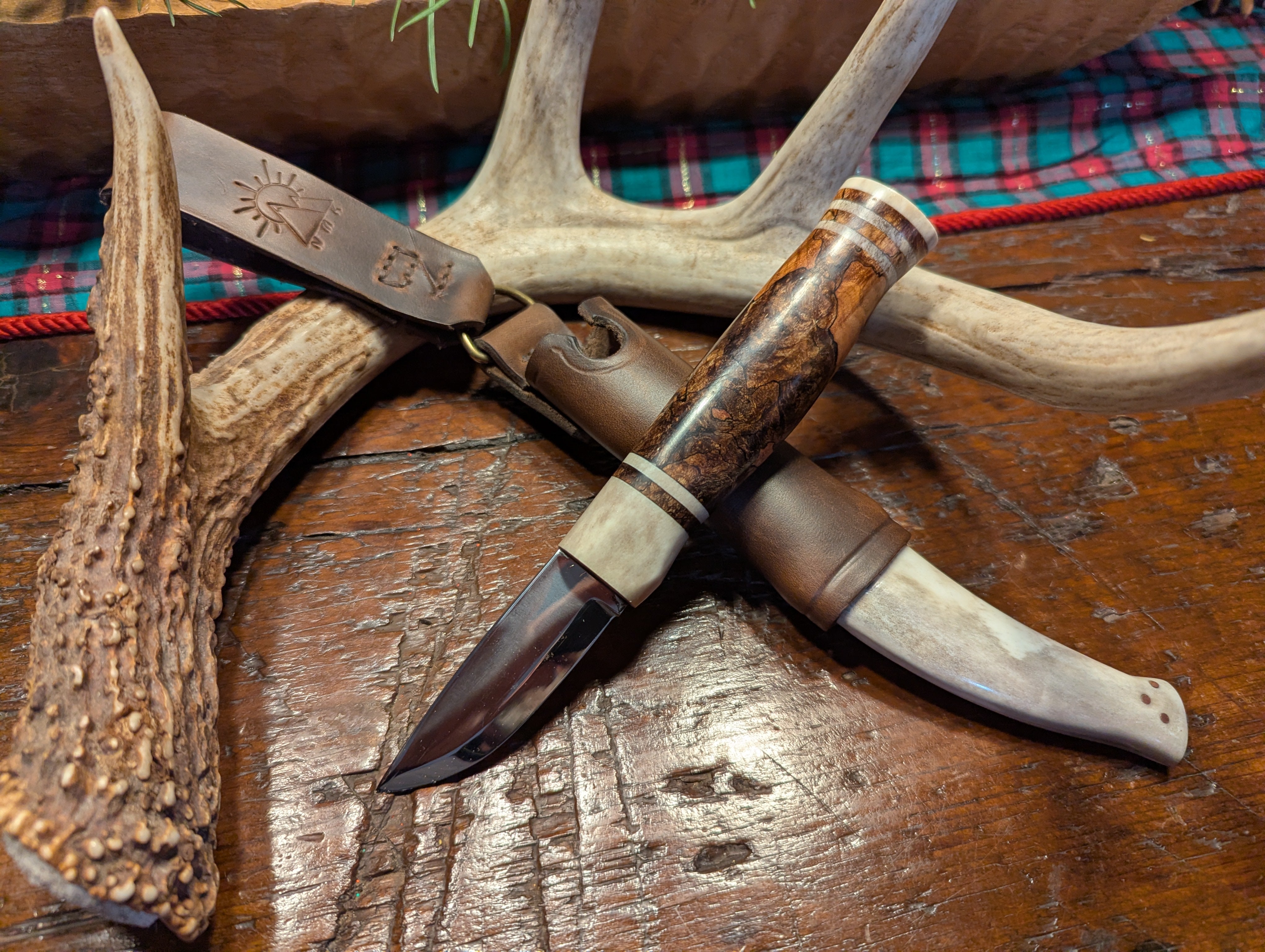 New Mountain Knives - Stabilized spalted cherry burl and reindeer antler and antler sheath #13