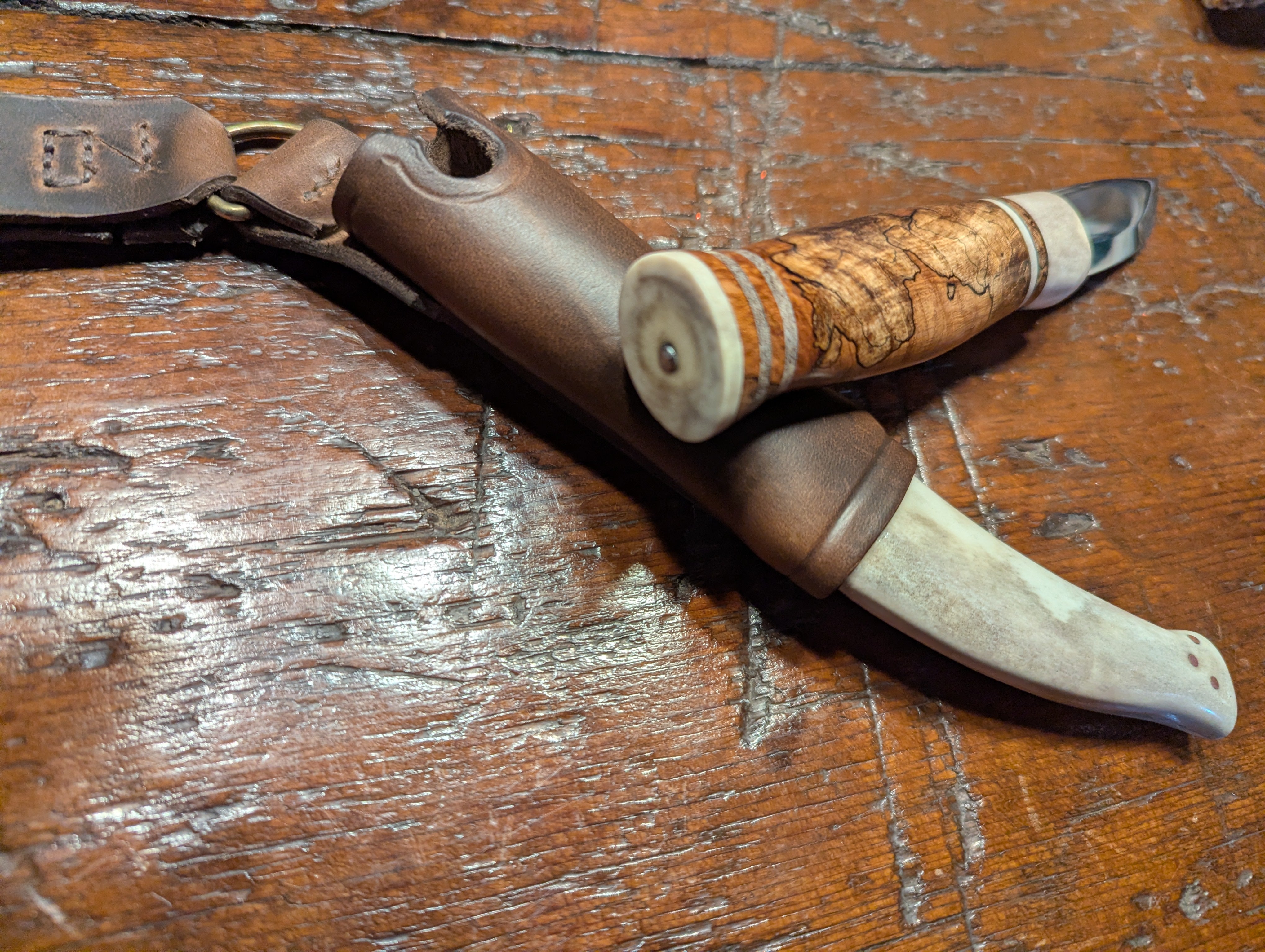 New Mountain Knives - Stabilized spalted cherry burl and reindeer antler and antler sheath #13