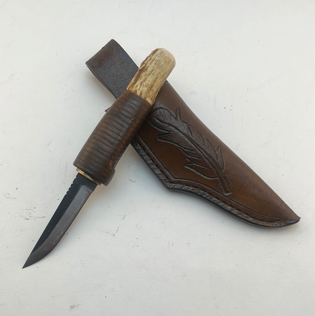 Pecks Woods Leather - Leather Spacer handle with antler piece #25