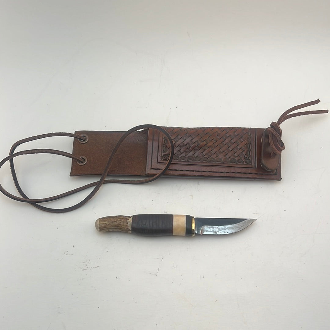 Pecks Woods Leather - Antler and Leather spacer Neck Knife #23