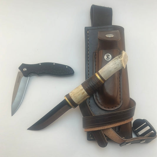 Pecks Woods Leather - Custom Knife, Pouch in front holding Kershaw Folder, and Leather sheath #18